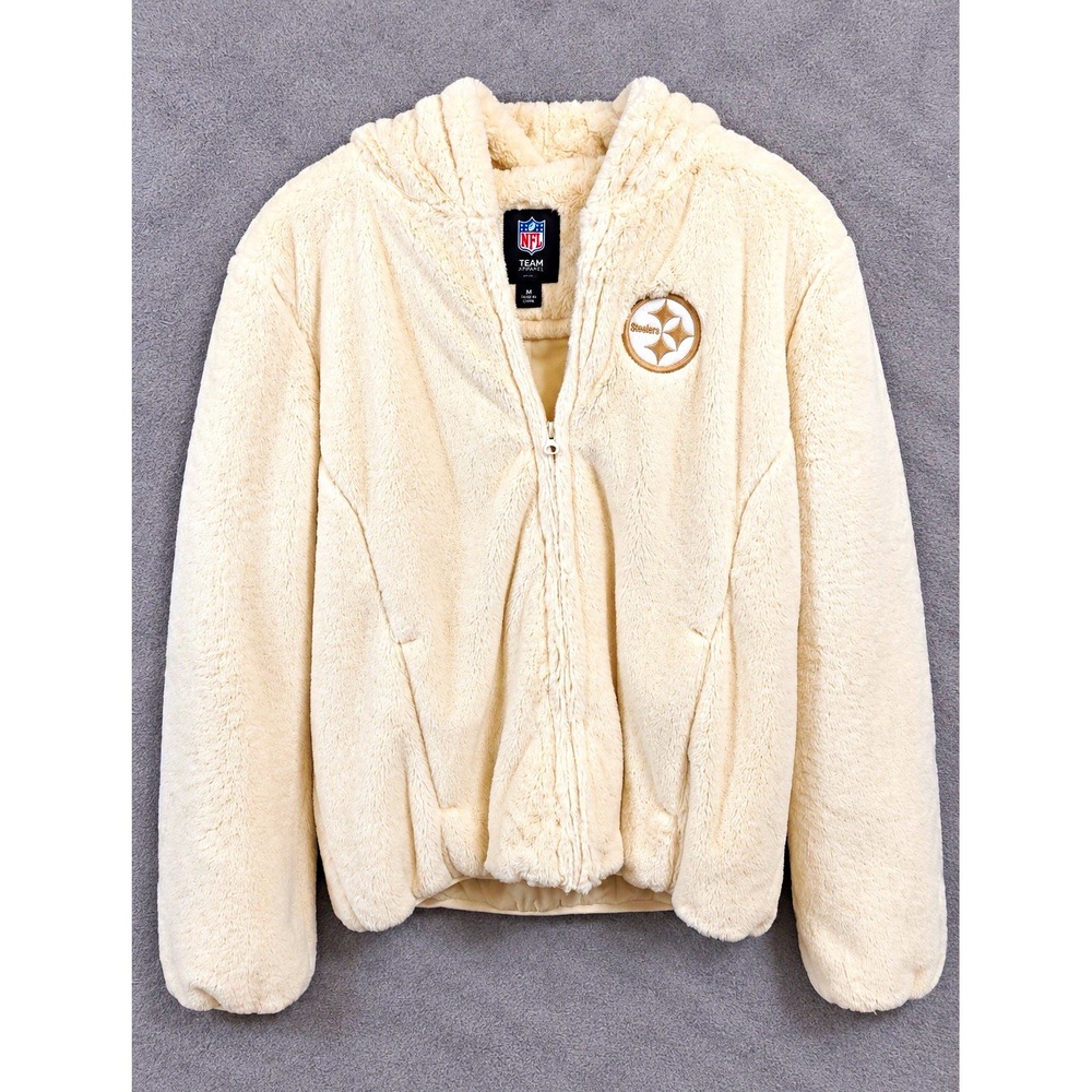 NFL Team Apparel Pittsburgh Steelers Womens L Ivory Faux Fur Hooded Jacket